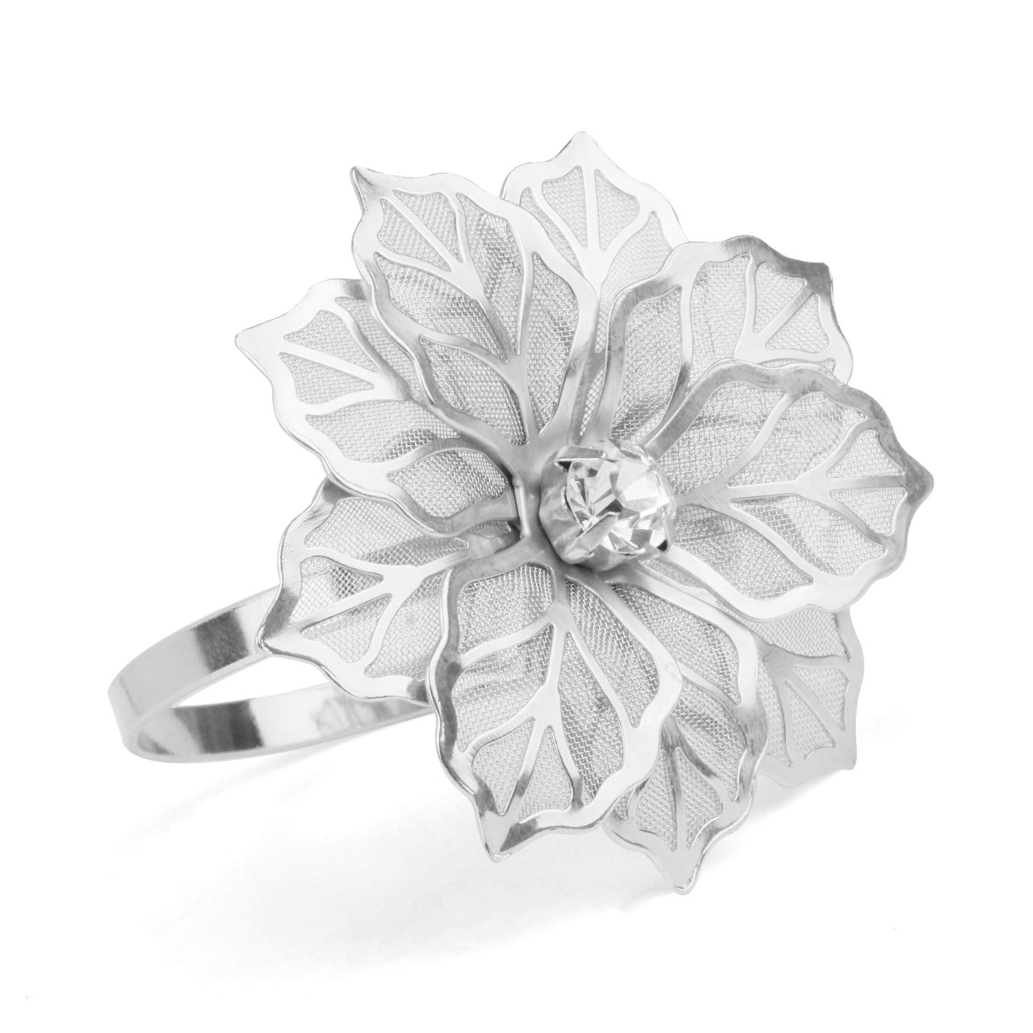Picowe 12-piece silver napkin ring set with floral hollow-out design for elegant tables.