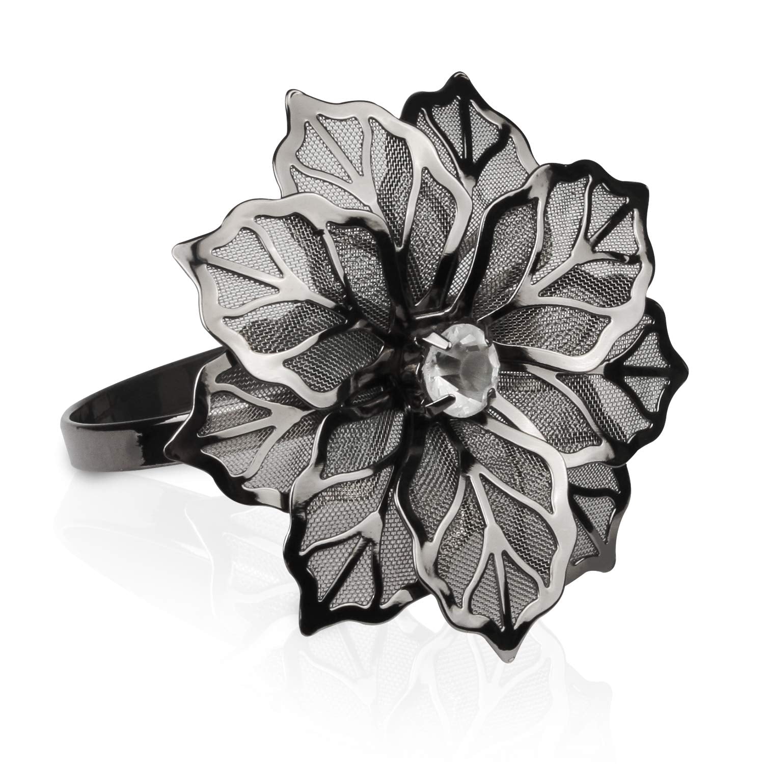 Picowe napkin rings alloy hollow flower overview for elegant gun-metal table styling