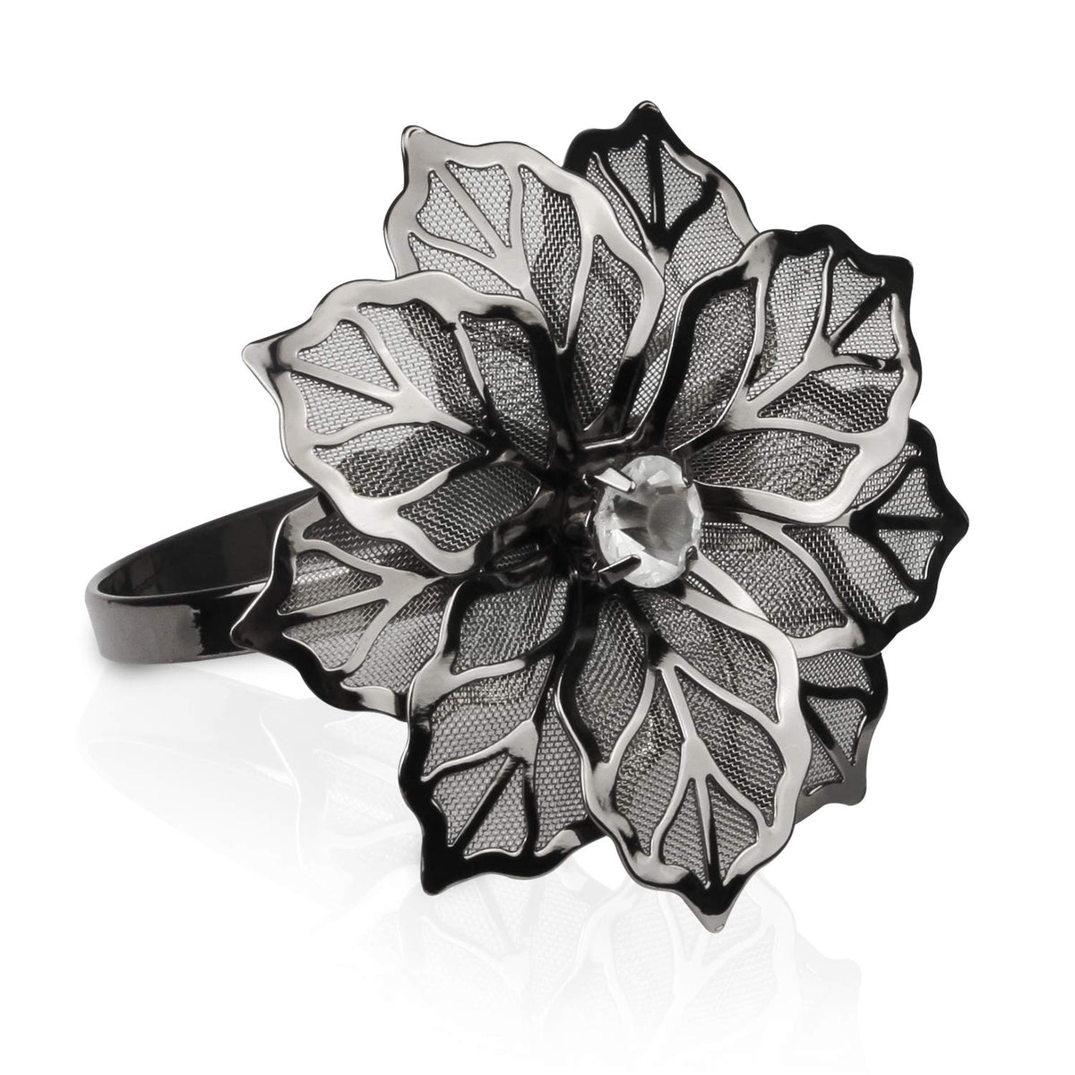 Picowe napkin rings alloy hollow flower overview for elegant gun-metal table styling