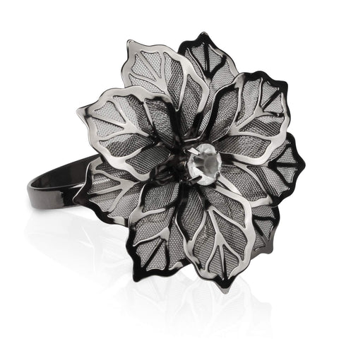 Picowe napkin rings alloy hollow flower overview for elegant gun-metal table styling
