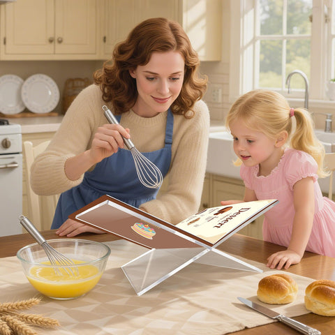 PIDINUK clear book stand on kitchen counter displaying a cookbook