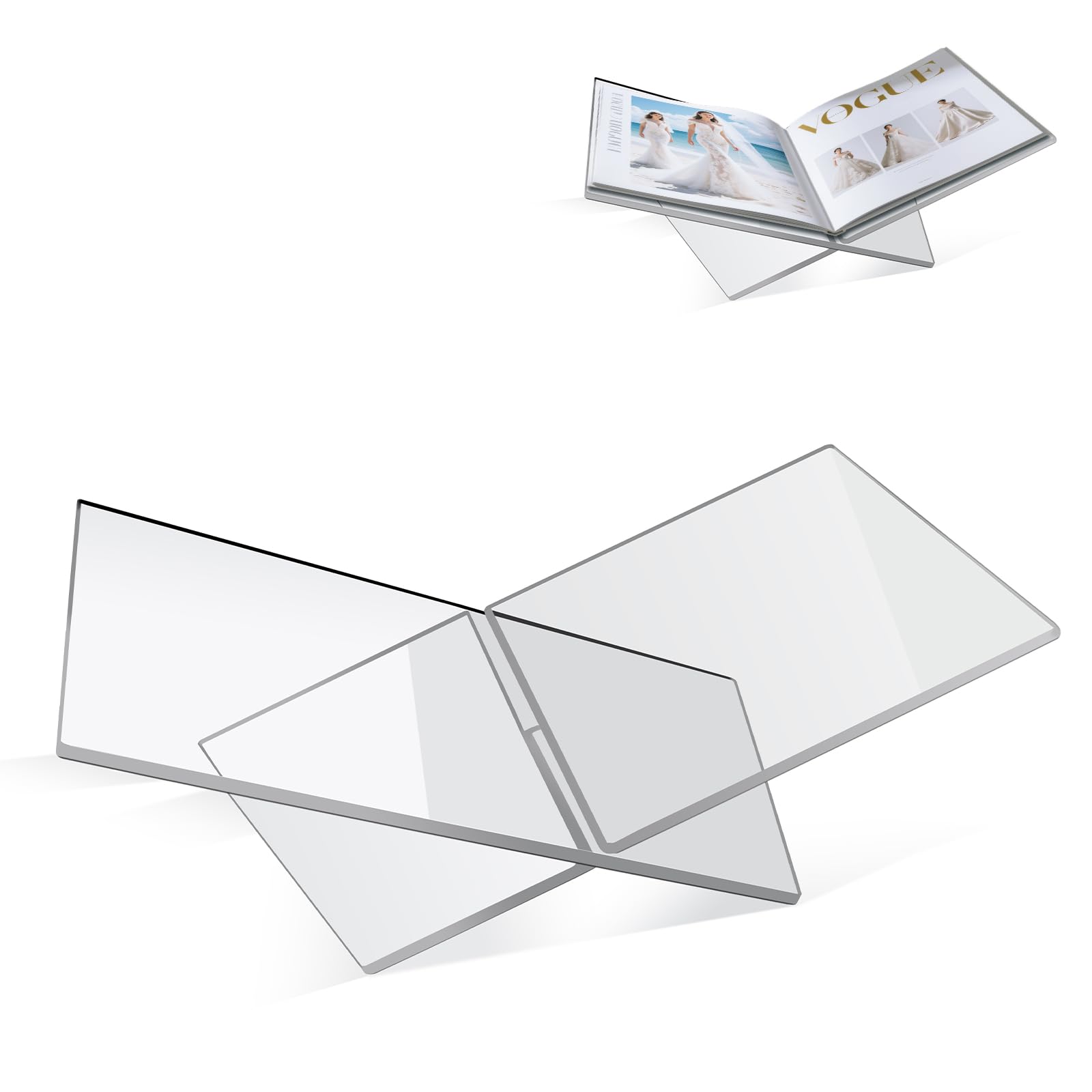PIDINUK clear acrylic book stand assembled on a coffee table with large cookbooks