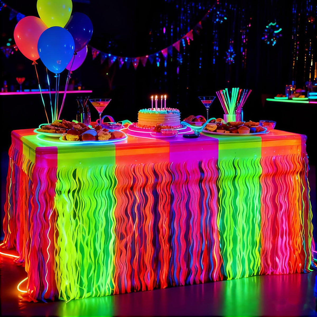 PIGETALE glow table skirt in rose red with wavy neon design for vibrant parties.