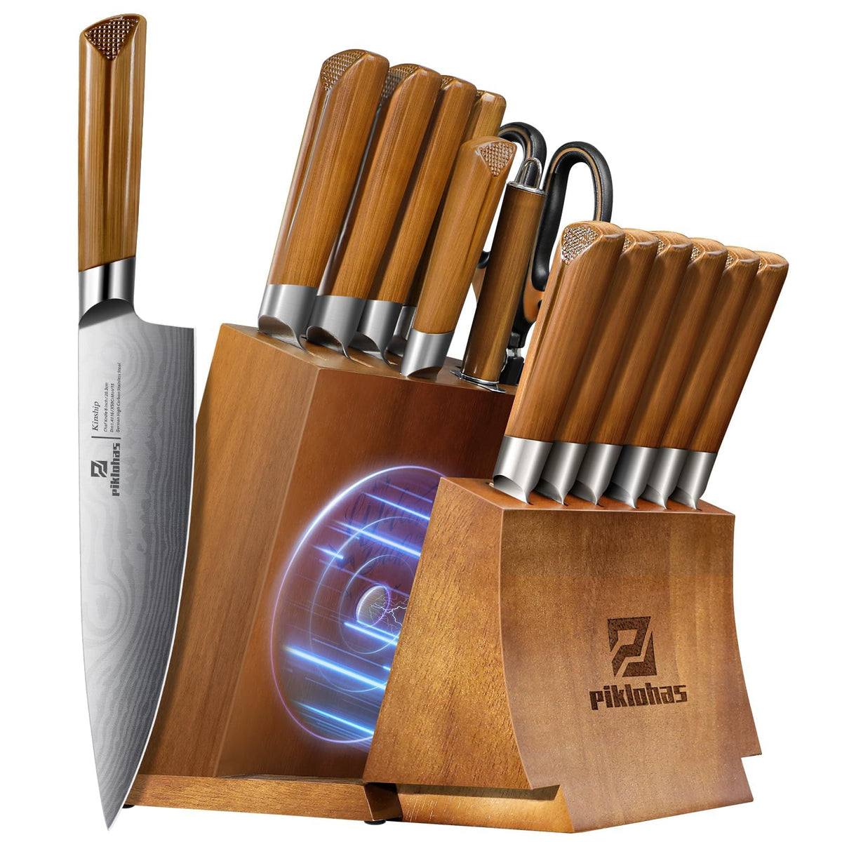 Piklohas 15-piece knife set block for organized kitchen prep and table service.