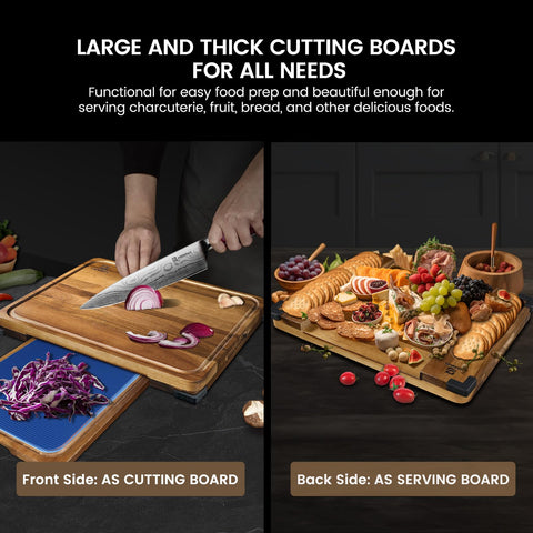 Piklohas acacia wood cutting board with juice groove keeps liquids contained and countertops clean.