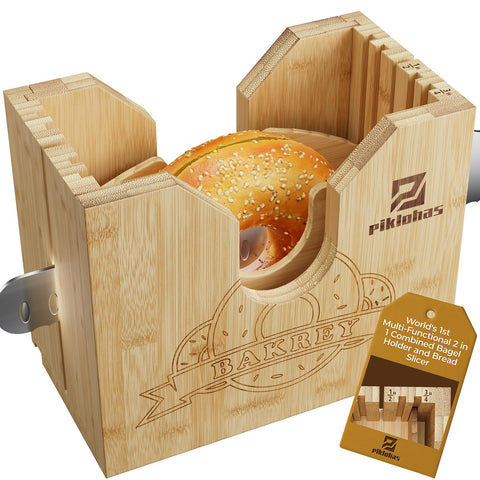 Piklohas bagel slicer with removable guard for precise cuts.