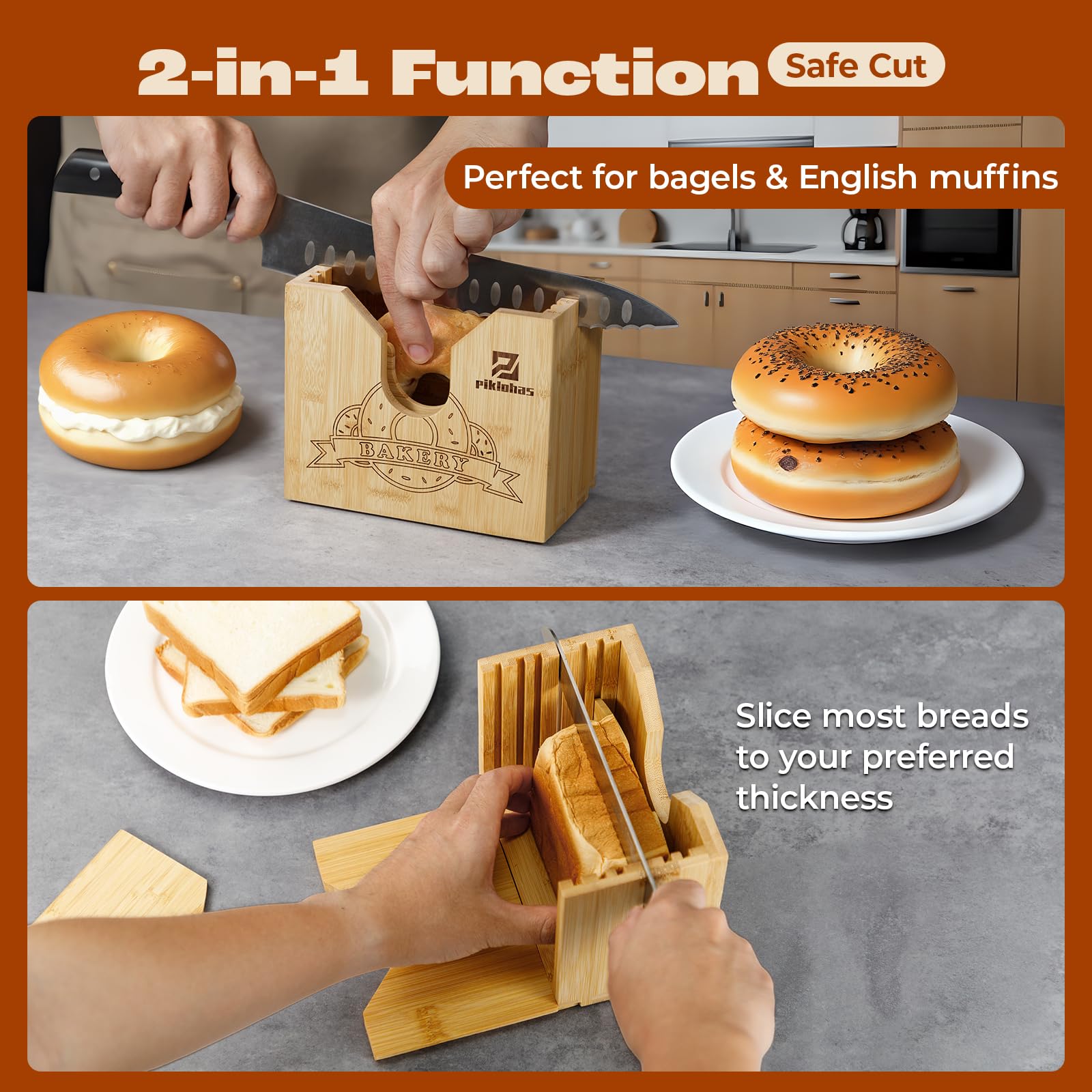 Piklohas bagel slicer showing safe separator for stable handling.