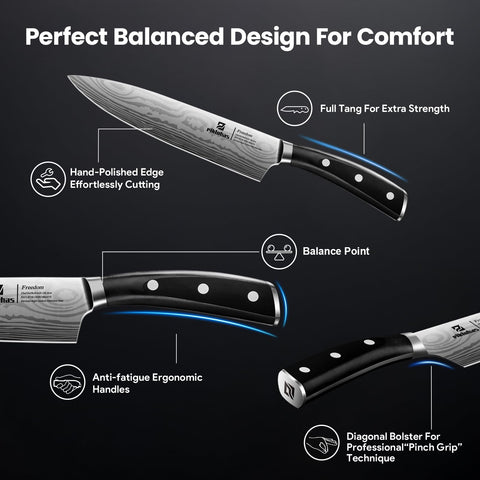 Piklohas damascus-pattern blades add stylish flair to any kitchen.