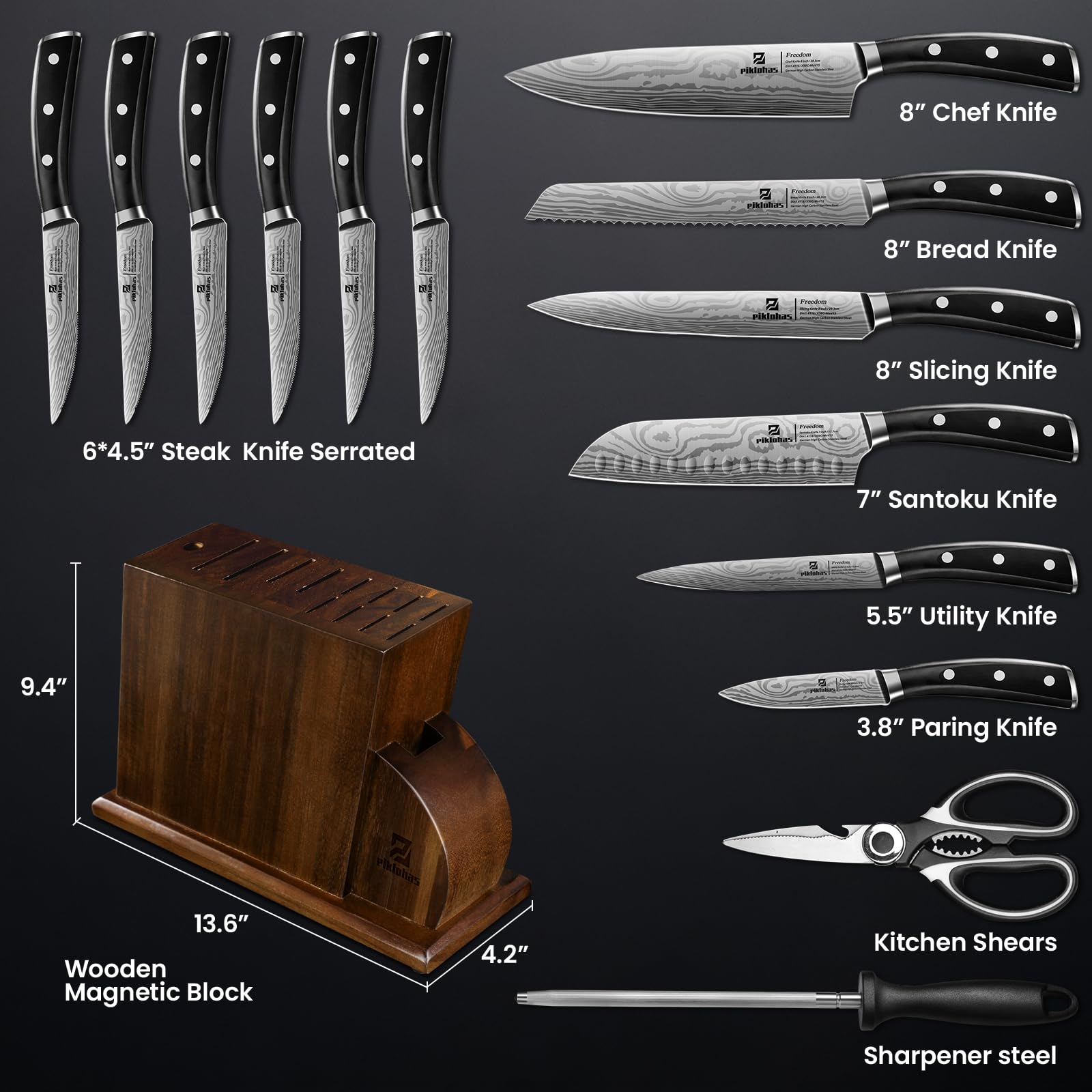Piklohas double-sided magnetic block keeps knives organized and safe.