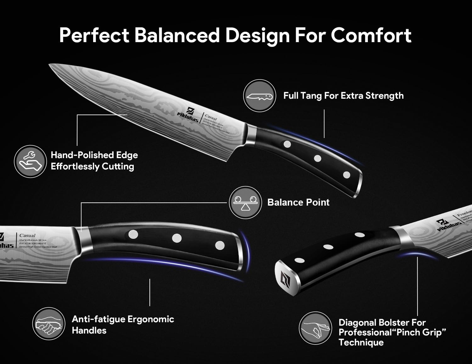 Piklohas 15 degree edge for clean, effortless cuts.