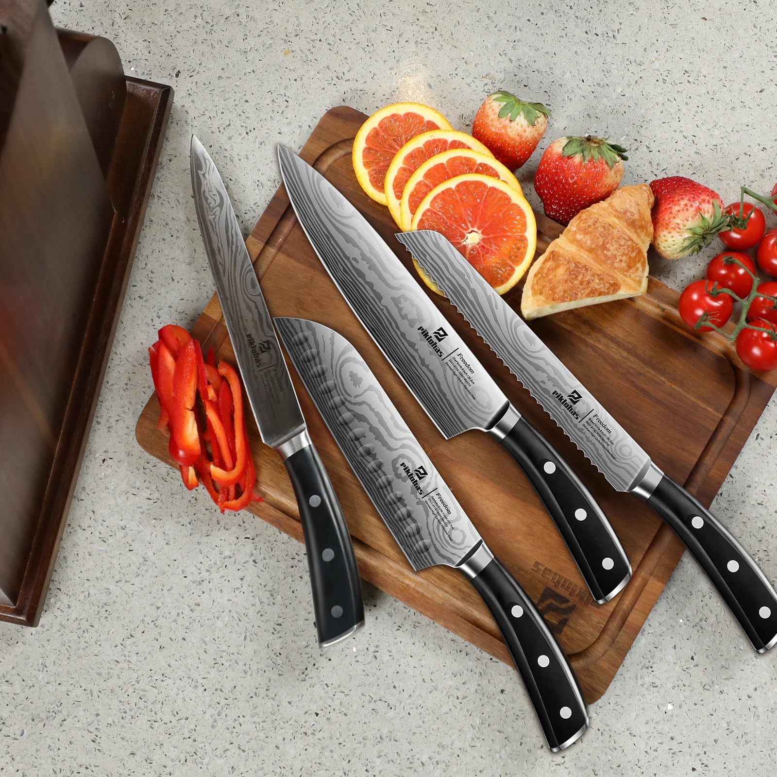 Piklohas magnetic knife holder keeps knives organized on the counter.