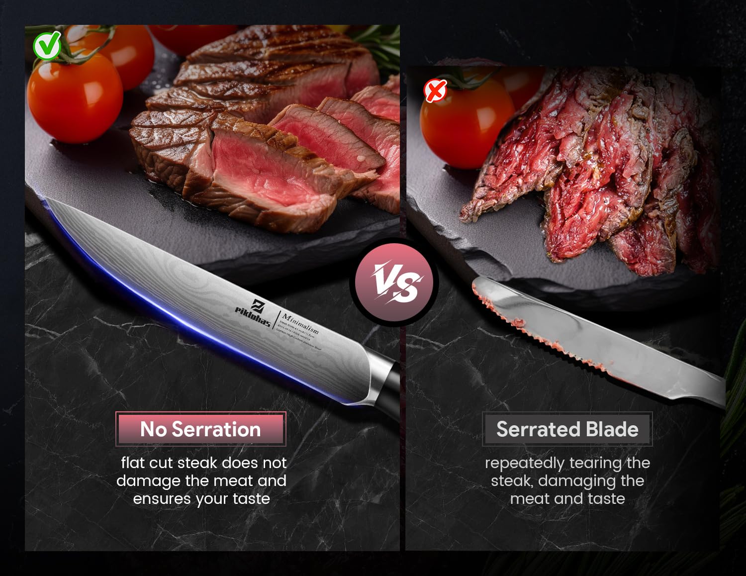 Piklohas Damascus-pattern blade enhances visual appeal at the table.
