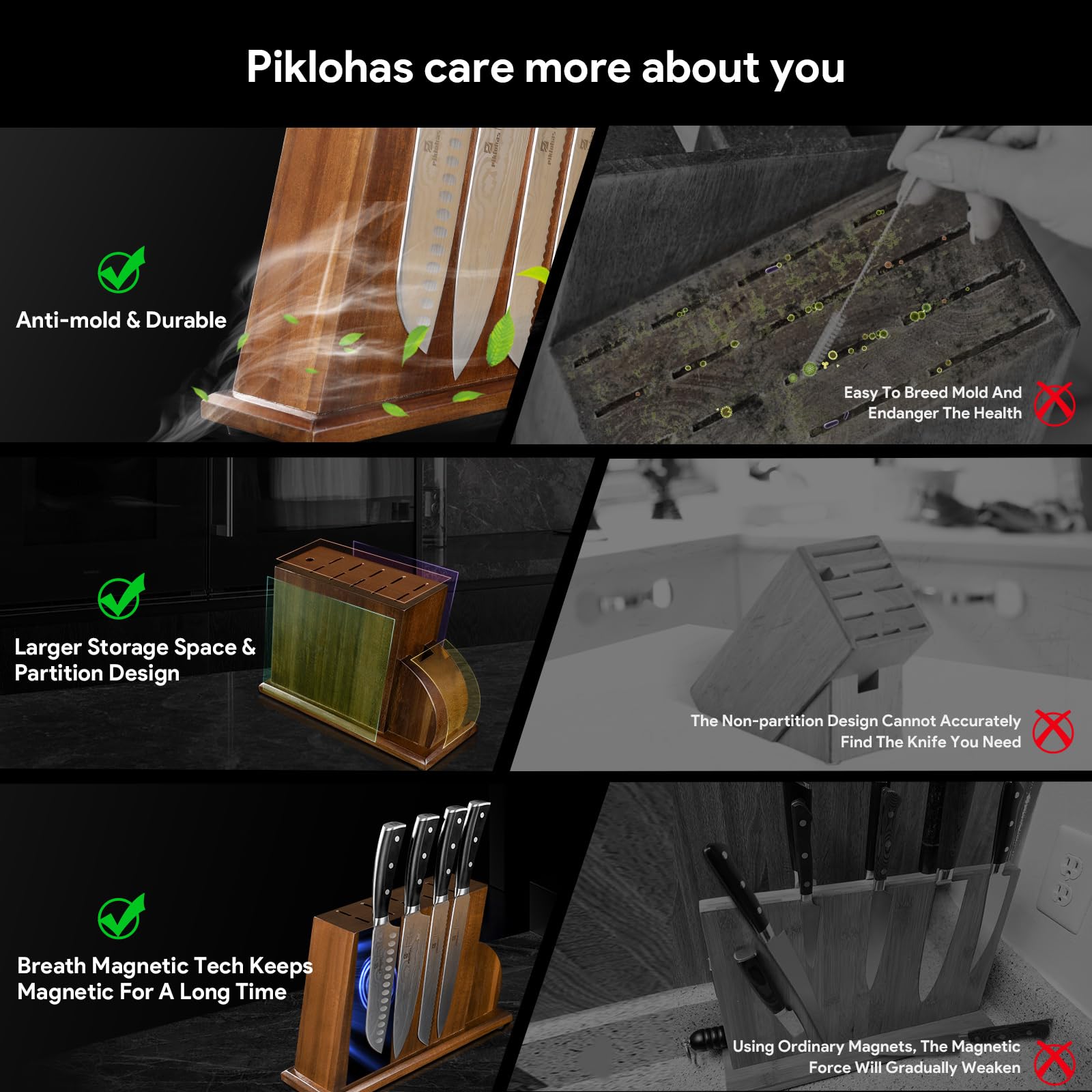 Piklohas X50CrMoV15 steel enhances toughness and rust resistance in blades.