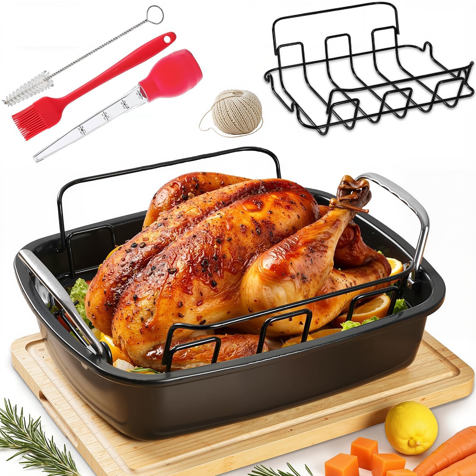 PinAmigos large roasting pan with rack for even heating and easy cleanup.