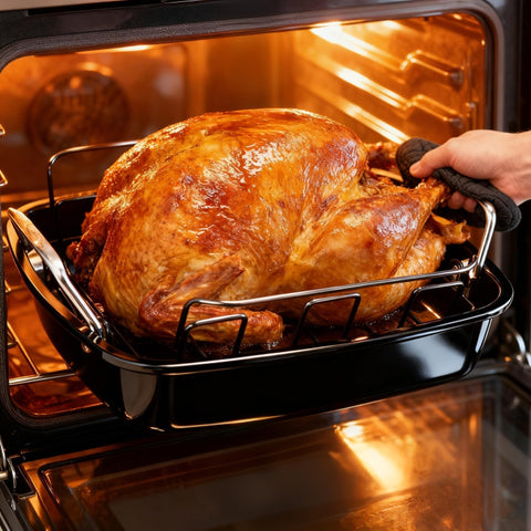 PinAmigos roasting pan withstands up to 450°F for versatility.
