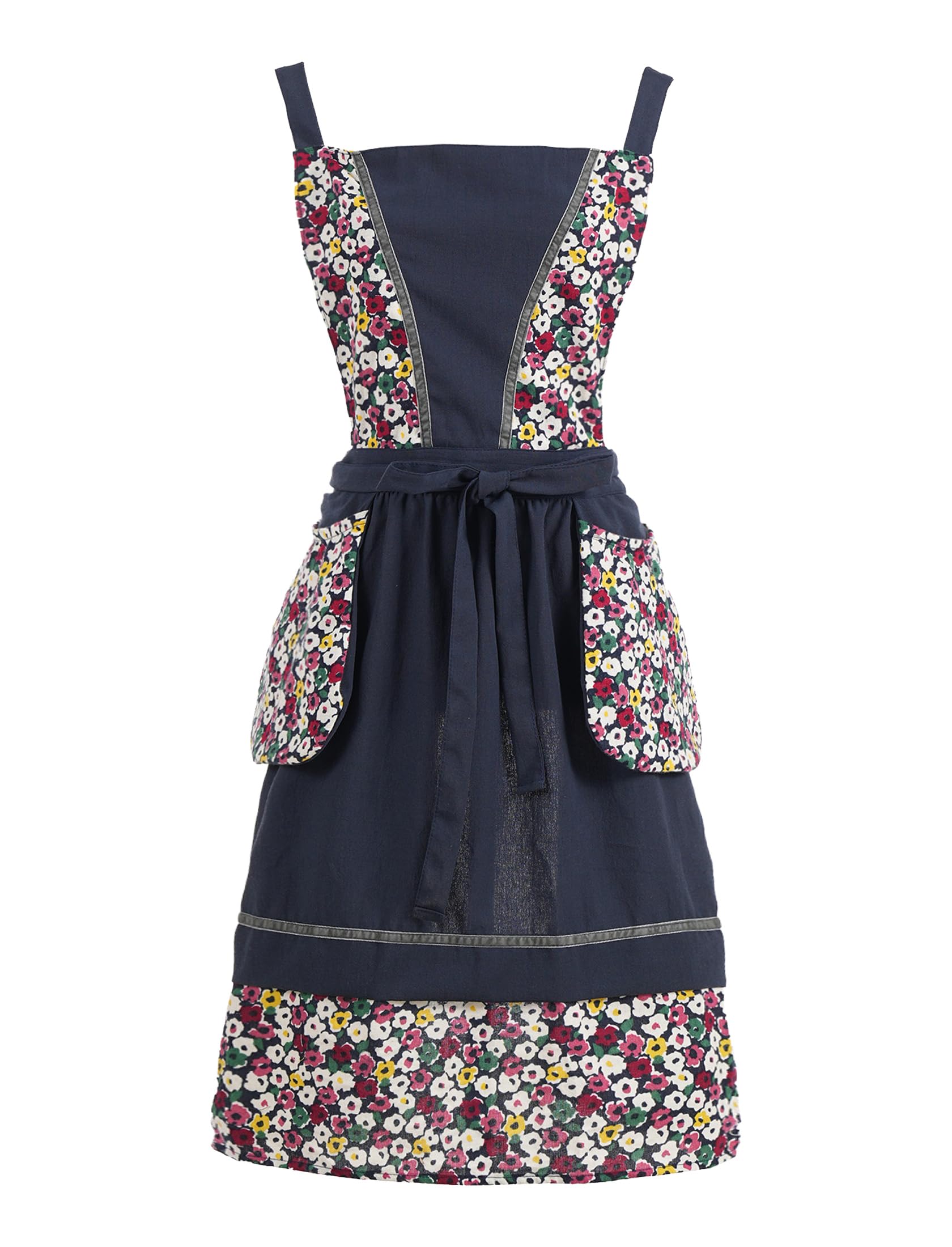 Pinknoke navy floral apron with pockets for easy recipe card storage during cooking