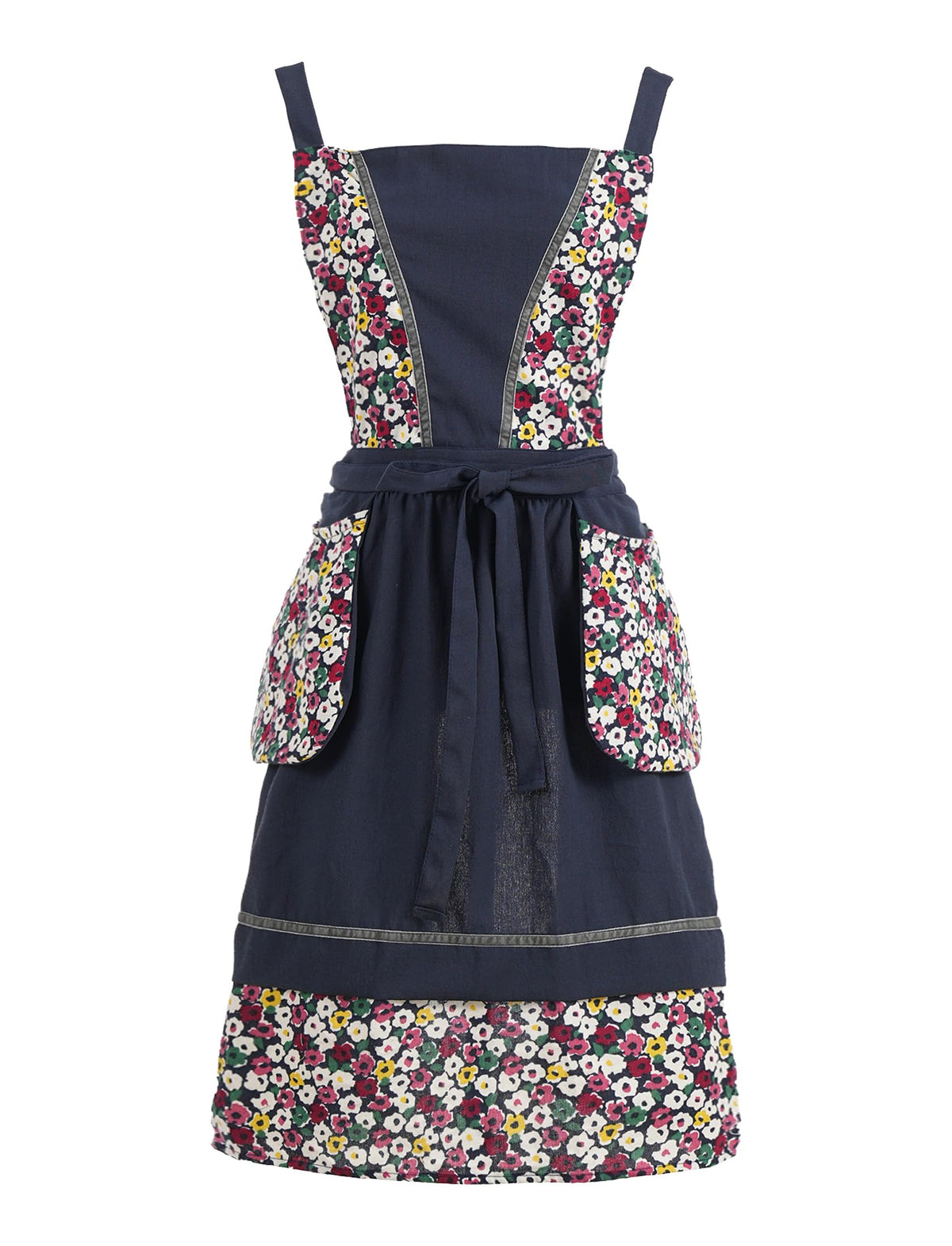 Pinknoke navy floral apron with pockets for easy recipe card storage during cooking
