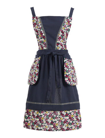 Pinknoke navy floral apron with pockets for easy recipe card storage during cooking