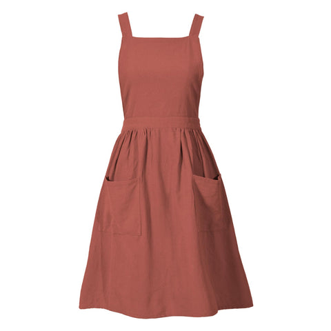 Pinknoke cotton linen pinafore apron, front view, ideal for cooking and crafting in comfort.