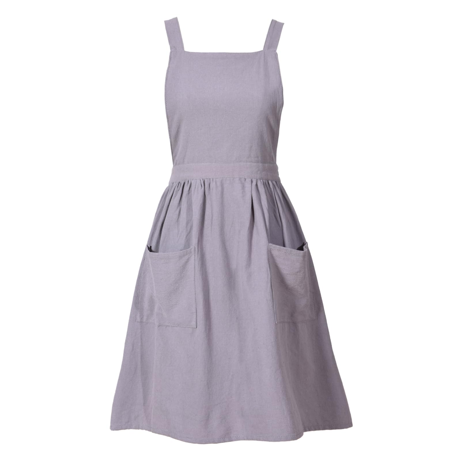 Pinknoke cotton linen pinafore apron gray, front view with pockets for easy recipe prep.