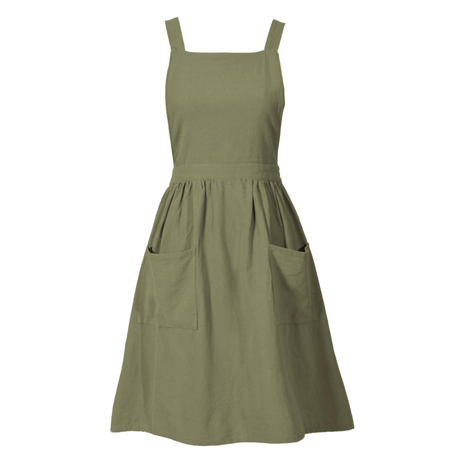 Pinknoke olive green cotton linen pinafore apron front view with pockets for convenient cooking