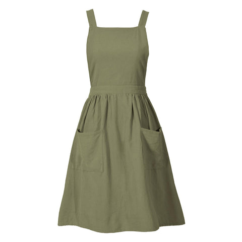 Pinknoke olive green cotton linen pinafore apron front view with pockets for convenient cooking