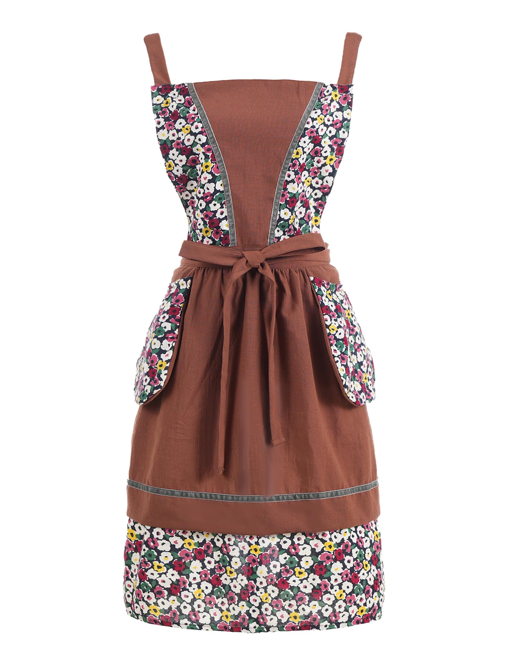 Pinknoke kitchen apron with floral pocket in brown for organized cooking and prep.