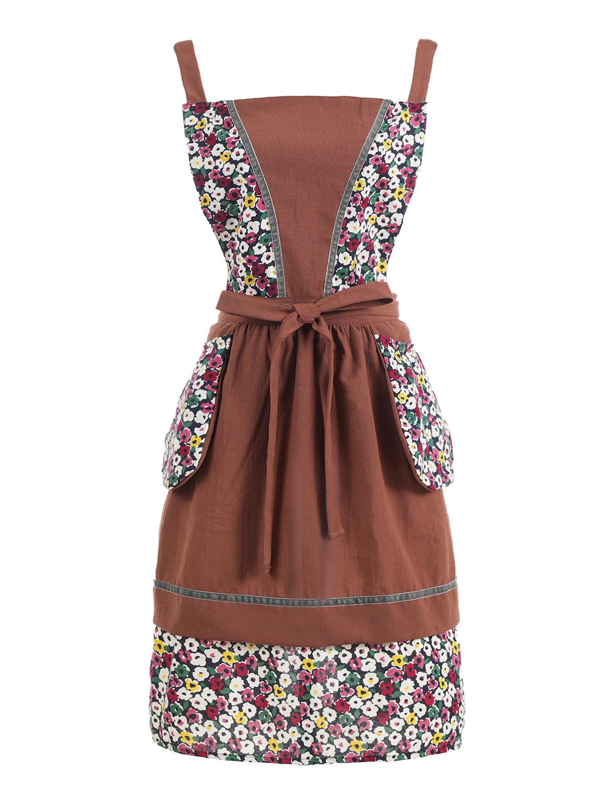 Pinknoke kitchen apron with floral pocket in brown for organized cooking and prep.
