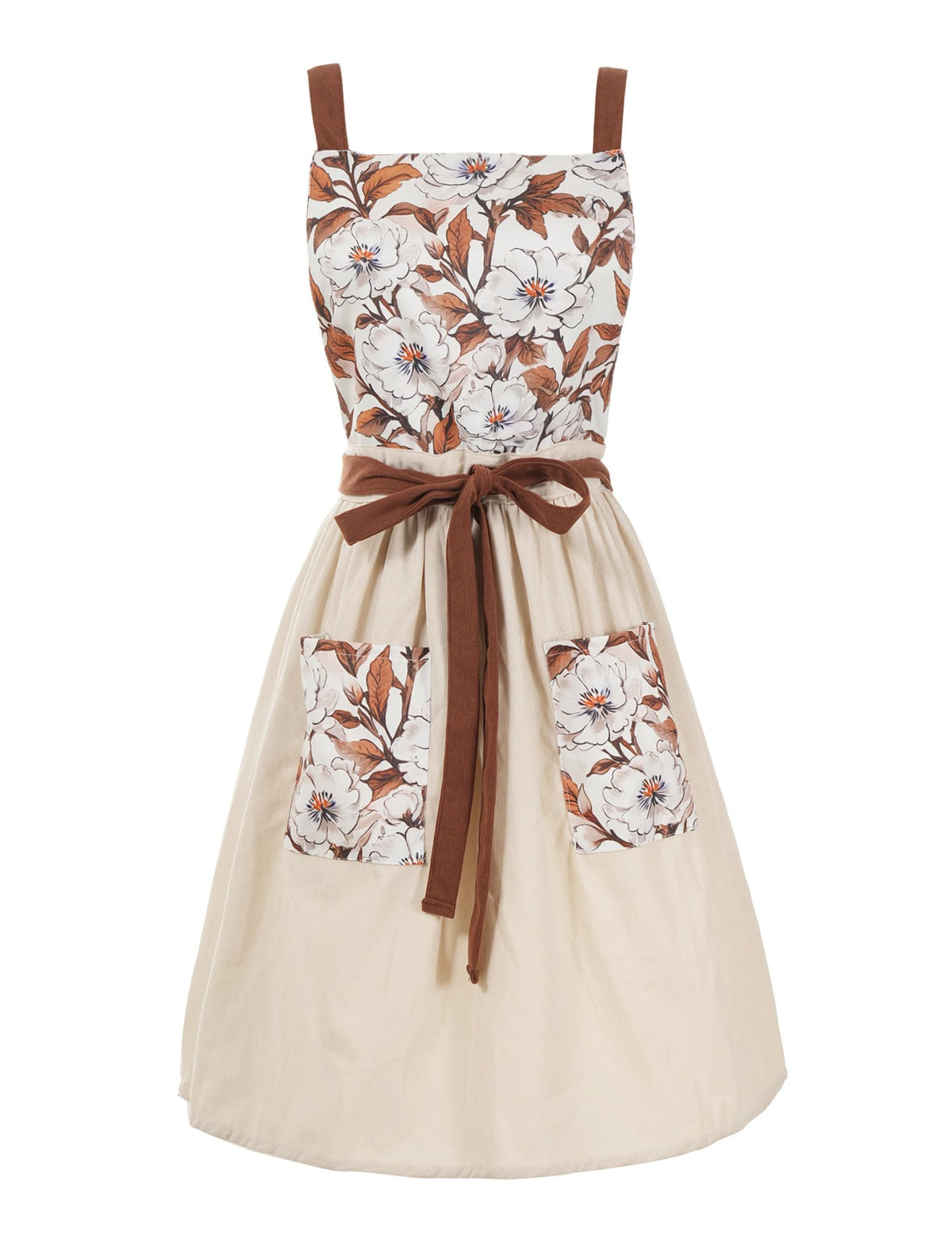 Pinknoke Vintage Pinafore Apron with Pockets in floral beige for comfortable kitchen prep