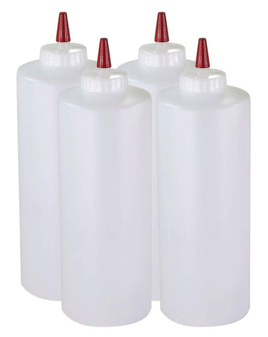 Pinnacle Mercantile 32oz condiment bottles with red caps for easy pouring and mess-free service.