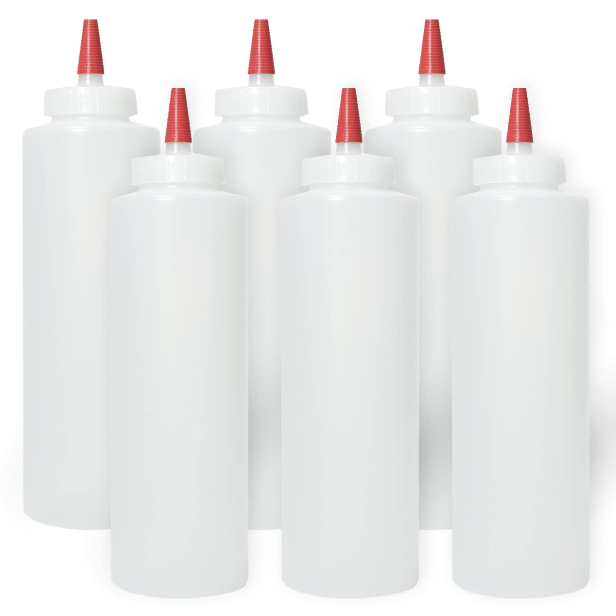 Pinnacle Mercantile 6-pack squeeze bottles with red tips; easy to fill and pour.