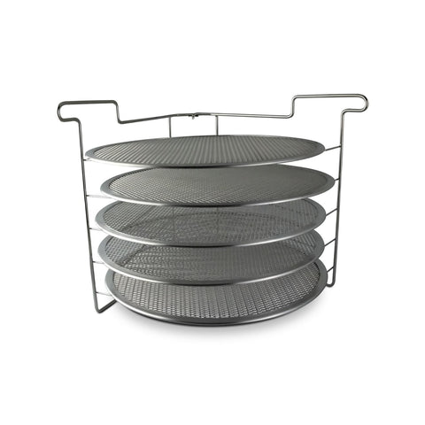 Pinnacolo folding pizza rack with screens offers sturdy, space-saving cooling for multiple pies.