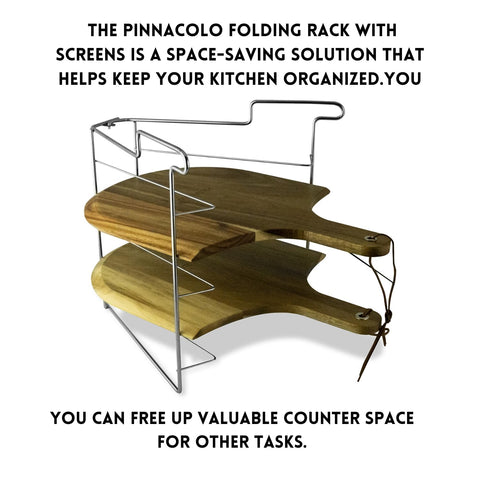 Pinnacolo folding rack shown stored, freeing counter space between shifts.