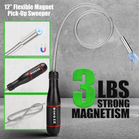 PINOZE 12-inch flexible magnetic pickup tool reaches tight corners.