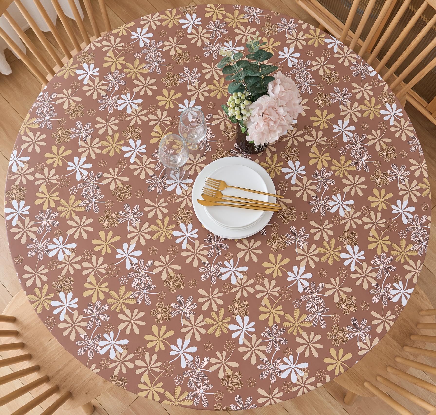 Pioggia round vinyl fitted tablecloth with elastic edge for a secure fit