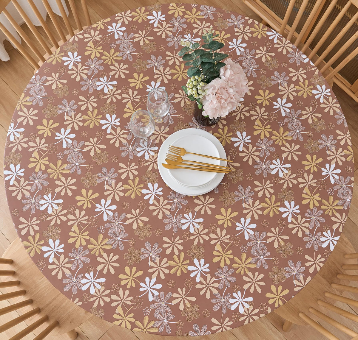 Pioggia round vinyl fitted tablecloth with elastic edge for a secure fit