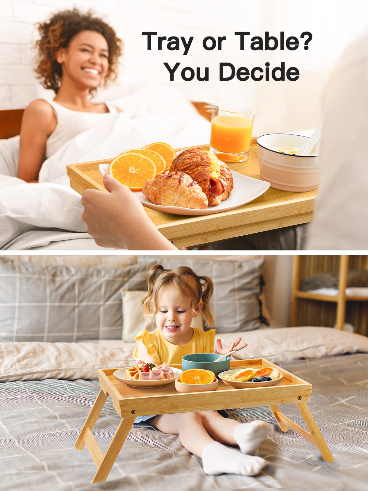 Pipishell bamboo tray lip edge prevents spills on sheets and clothes