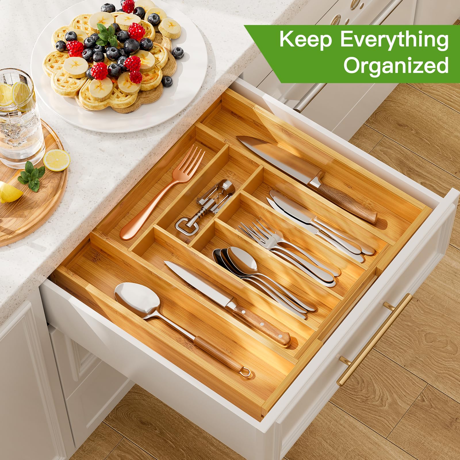 Pipishell bamboo cutlery tray side angle for easy access