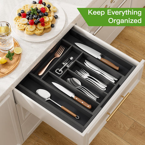 Pipishell bamboo expandable drawer organizer compartment closeup with labeled sections