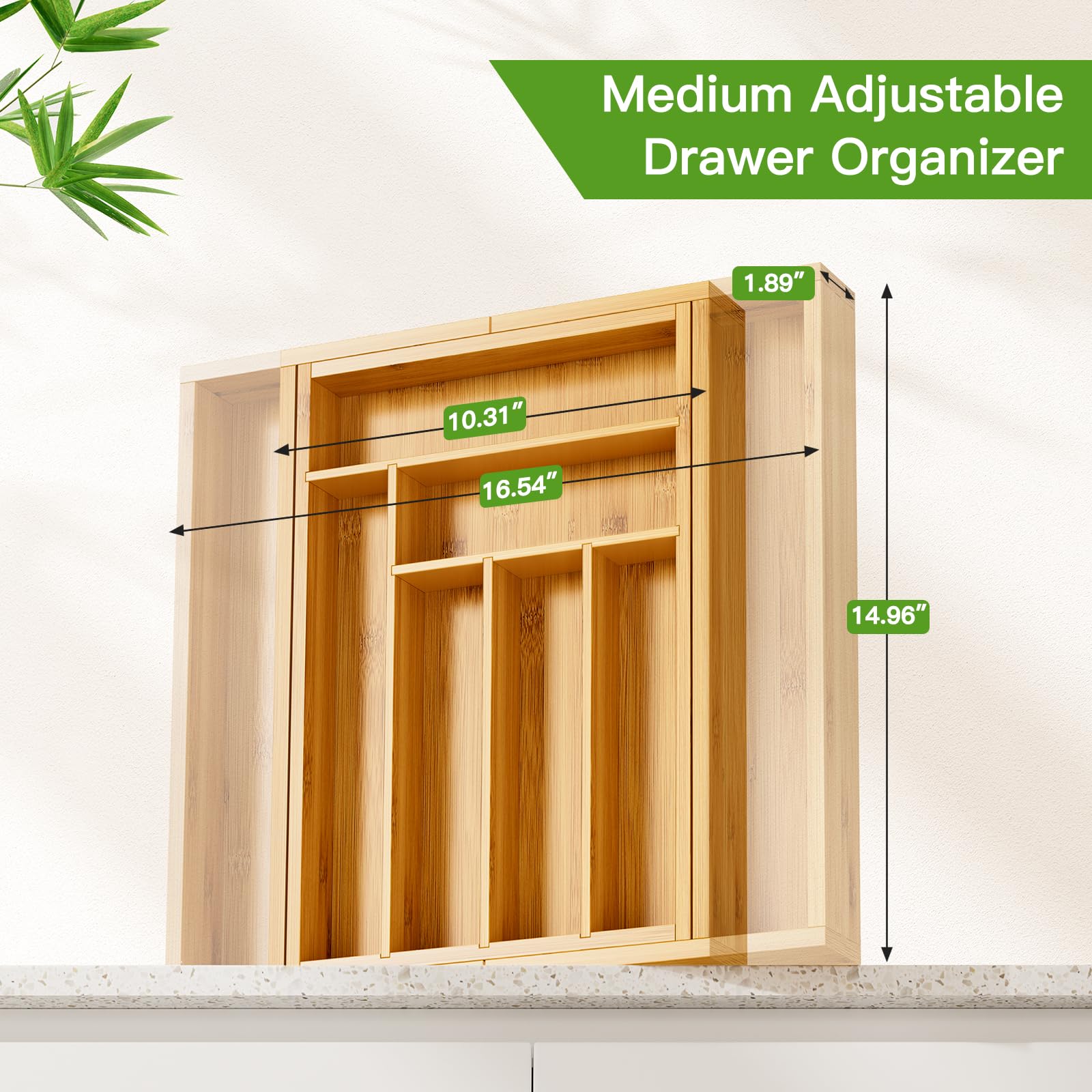 Pipishell bamboo expandable drawer organizer extended width showing adjustable capacity