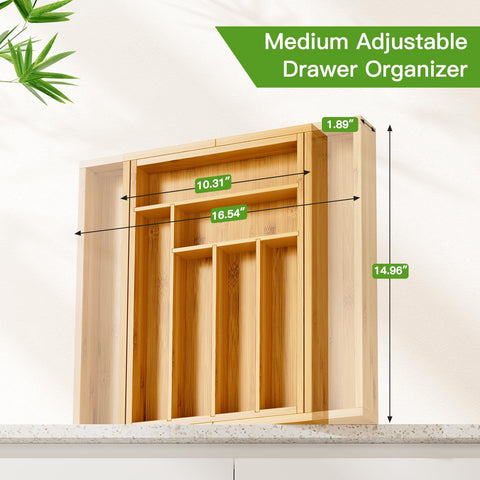 Pipishell bamboo expandable drawer organizer extended width showing adjustable capacity