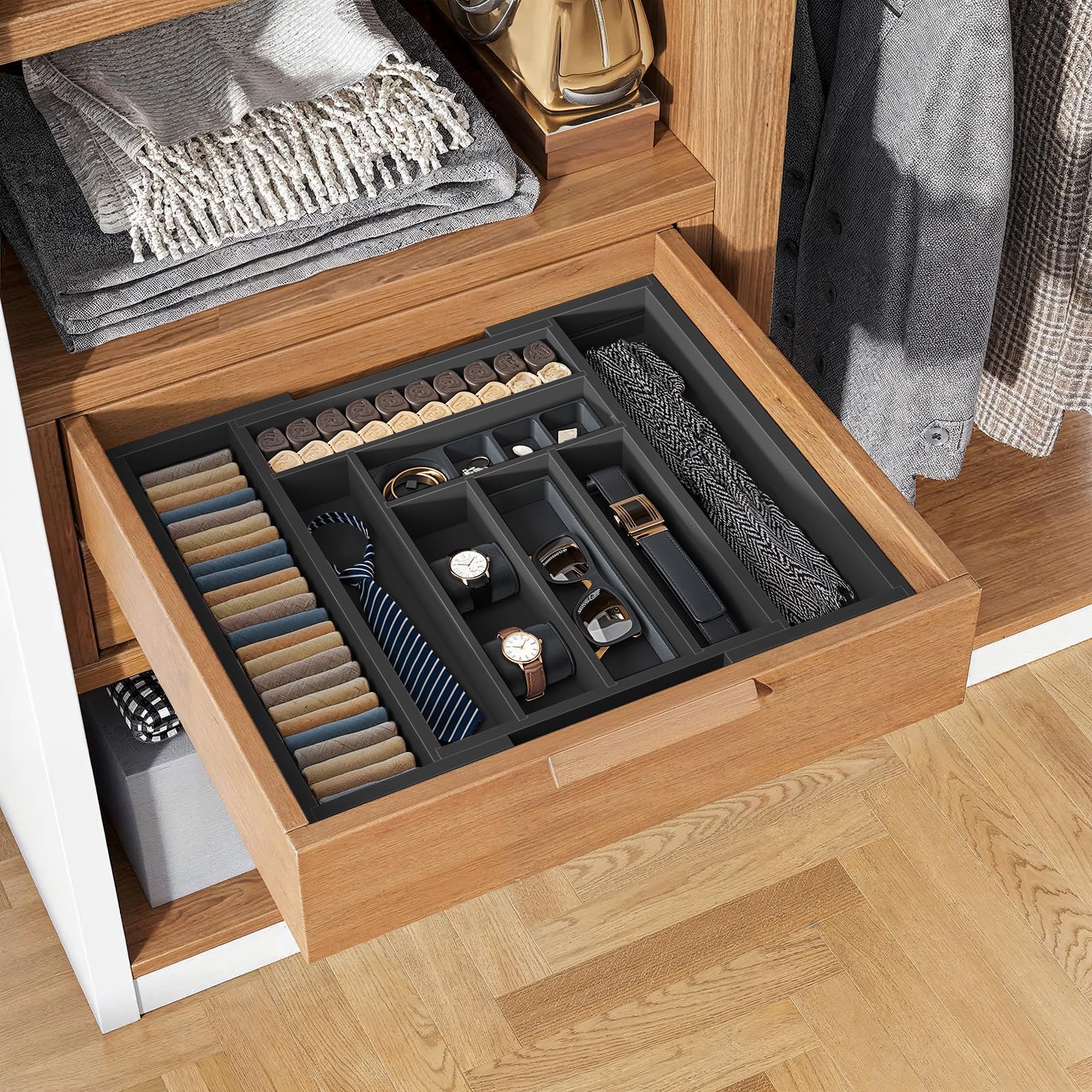 Pipishell bamboo expandable drawer organizer with adjustable compartments for small items