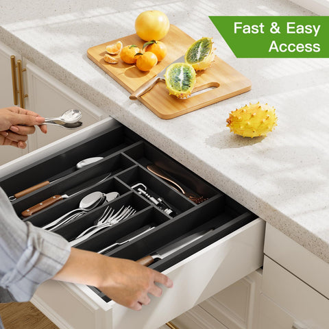 Pipishell bamboo expandable drawer organizer in kitchen drawer for utensils