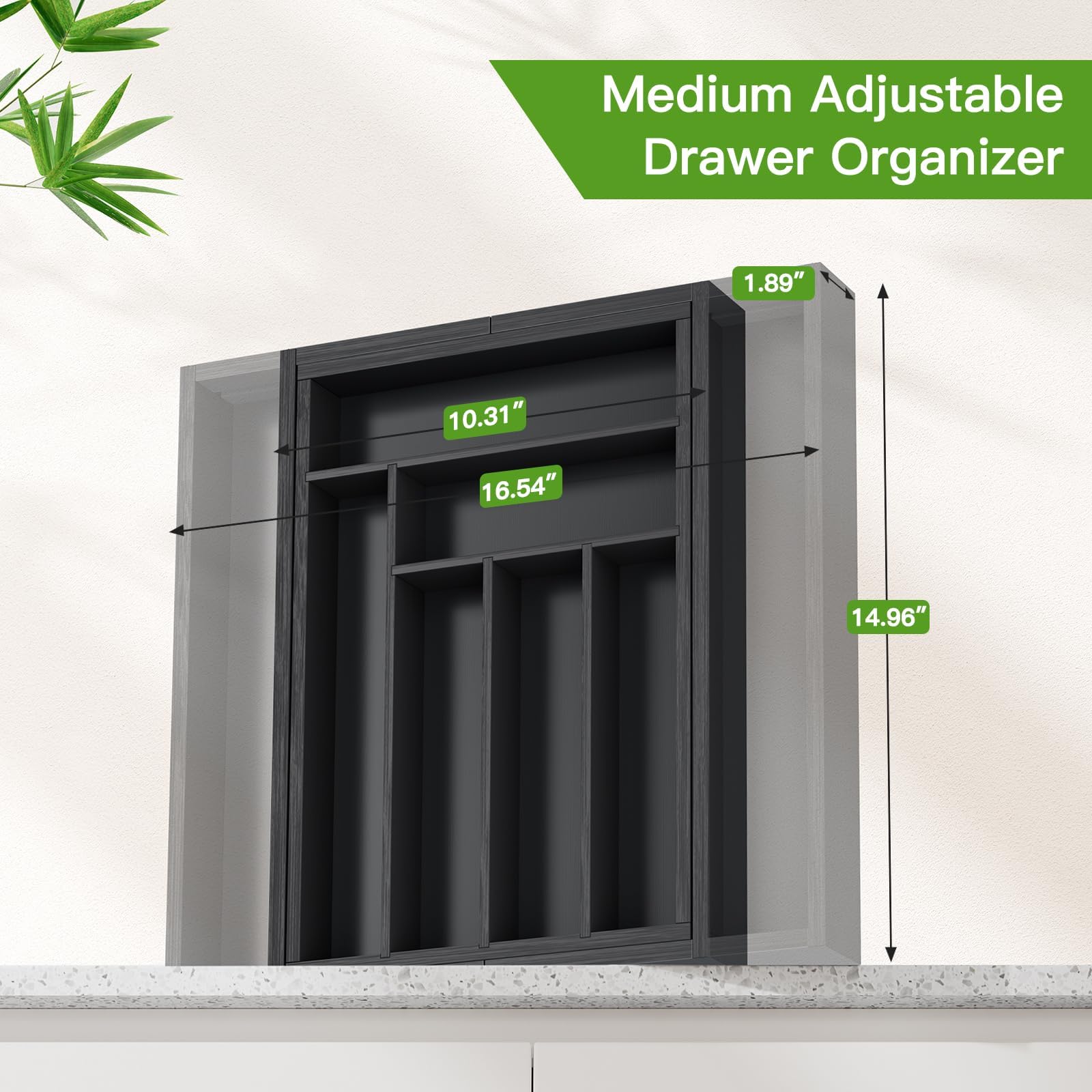 Pipishell bamboo expandable drawer organizer top view showing space savings when extended