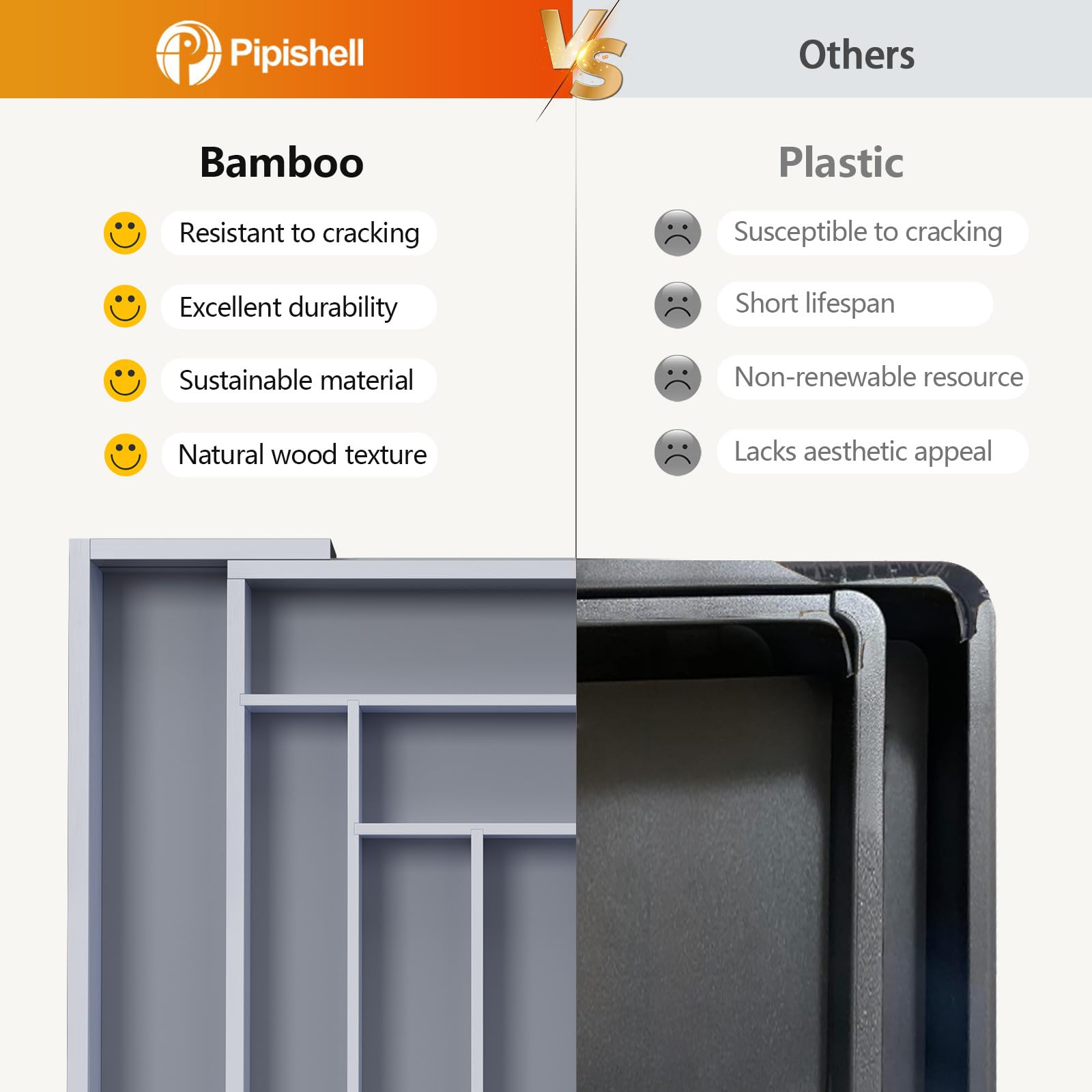 Expandable width feature lets Pipishell organizer fit larger drawers.