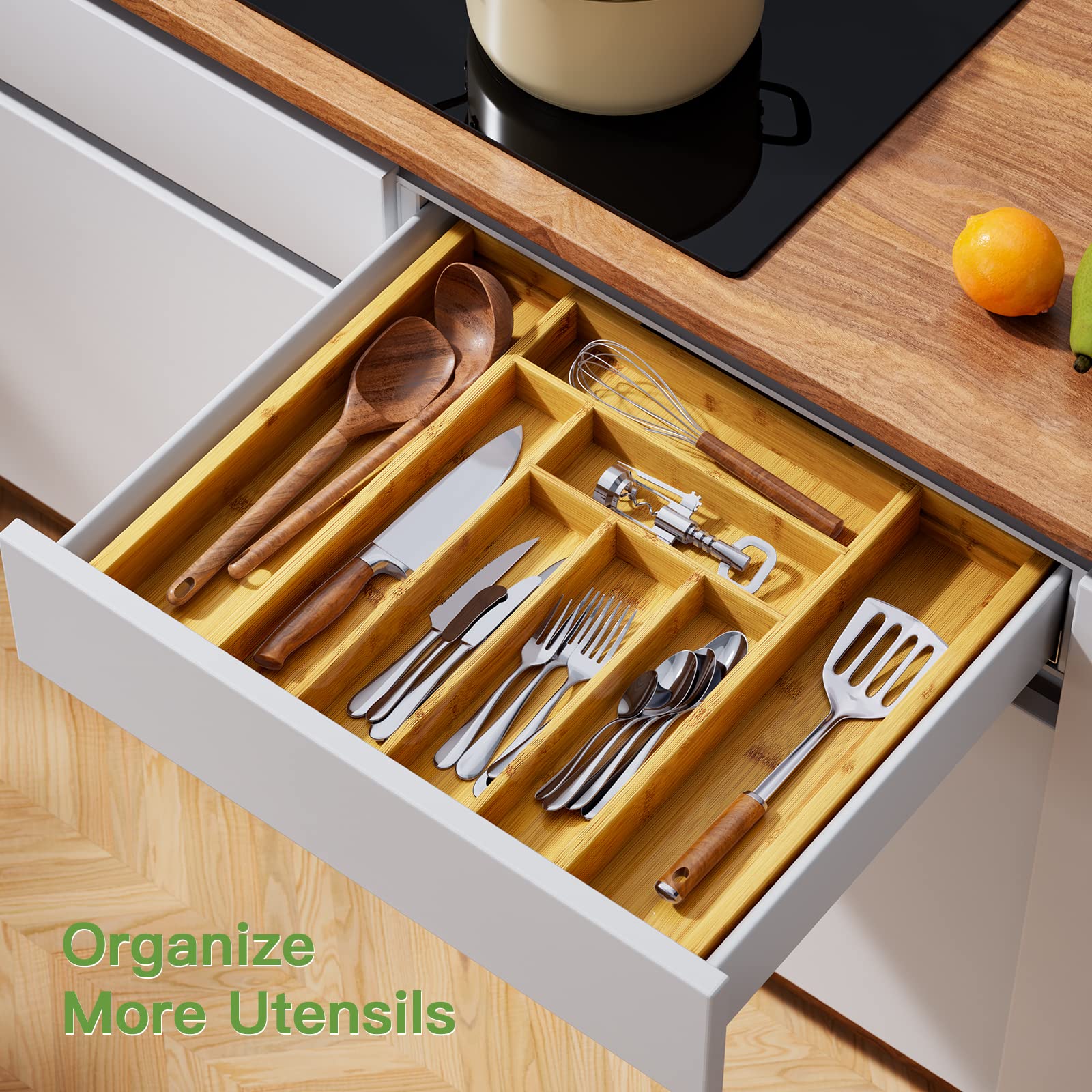 Pipishell bamboo silverware organizer compartments keeps utensils neatly separated and accessible.