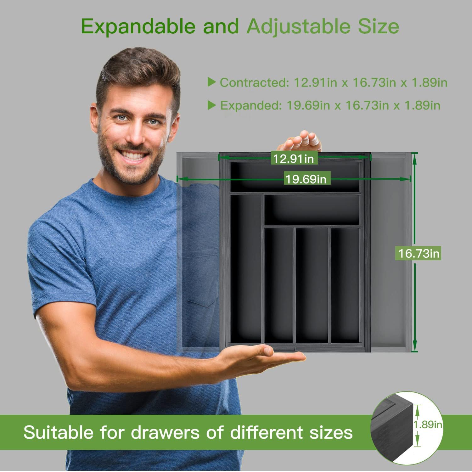 Pipishell expandable tray showing adjustable width for varied items
