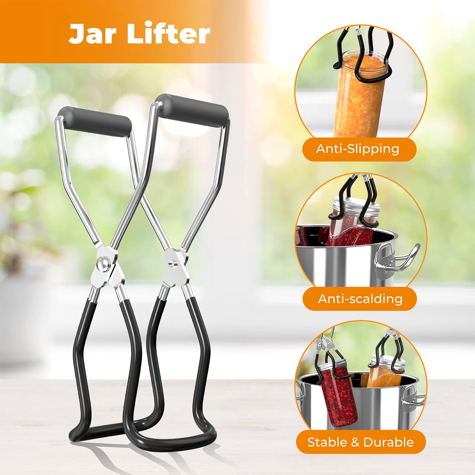 Pisol jar lifter enables secure transfer from boiling water.