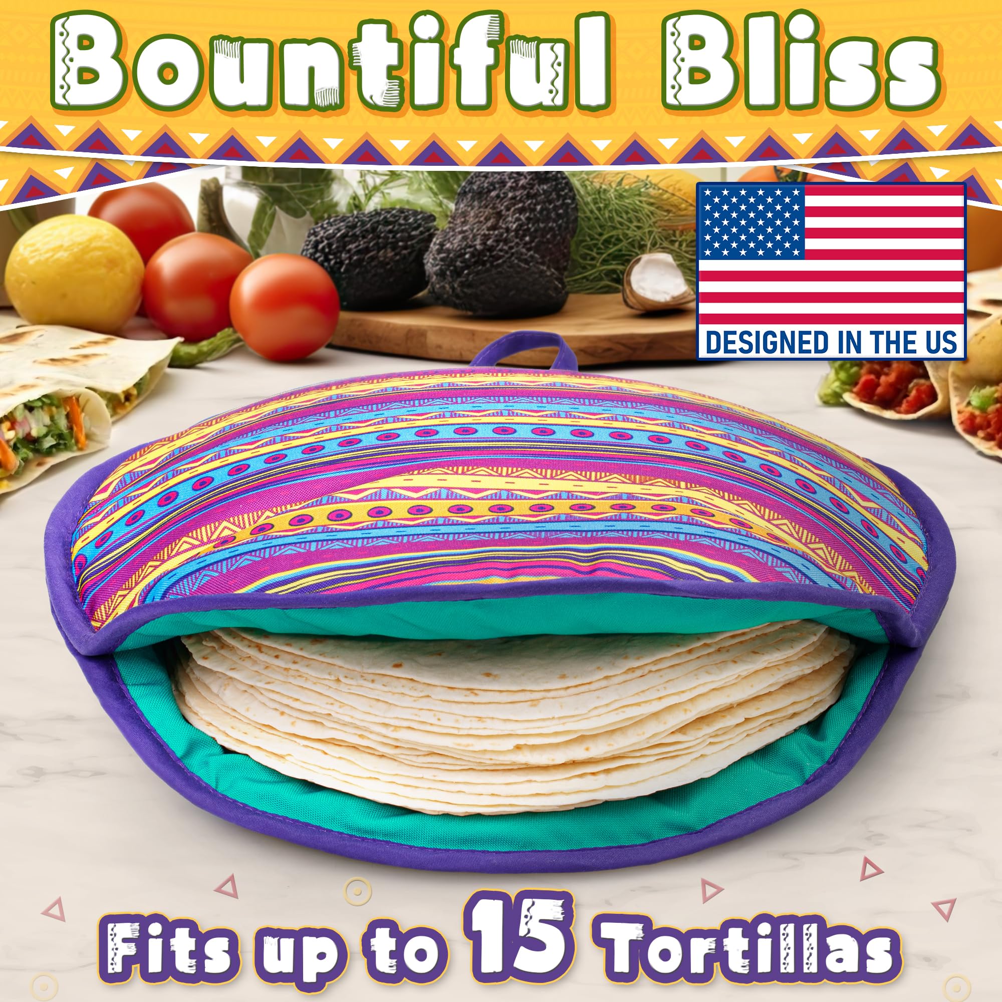 PixiPy festive fabric tortilla warmer adds color to family taco nights.