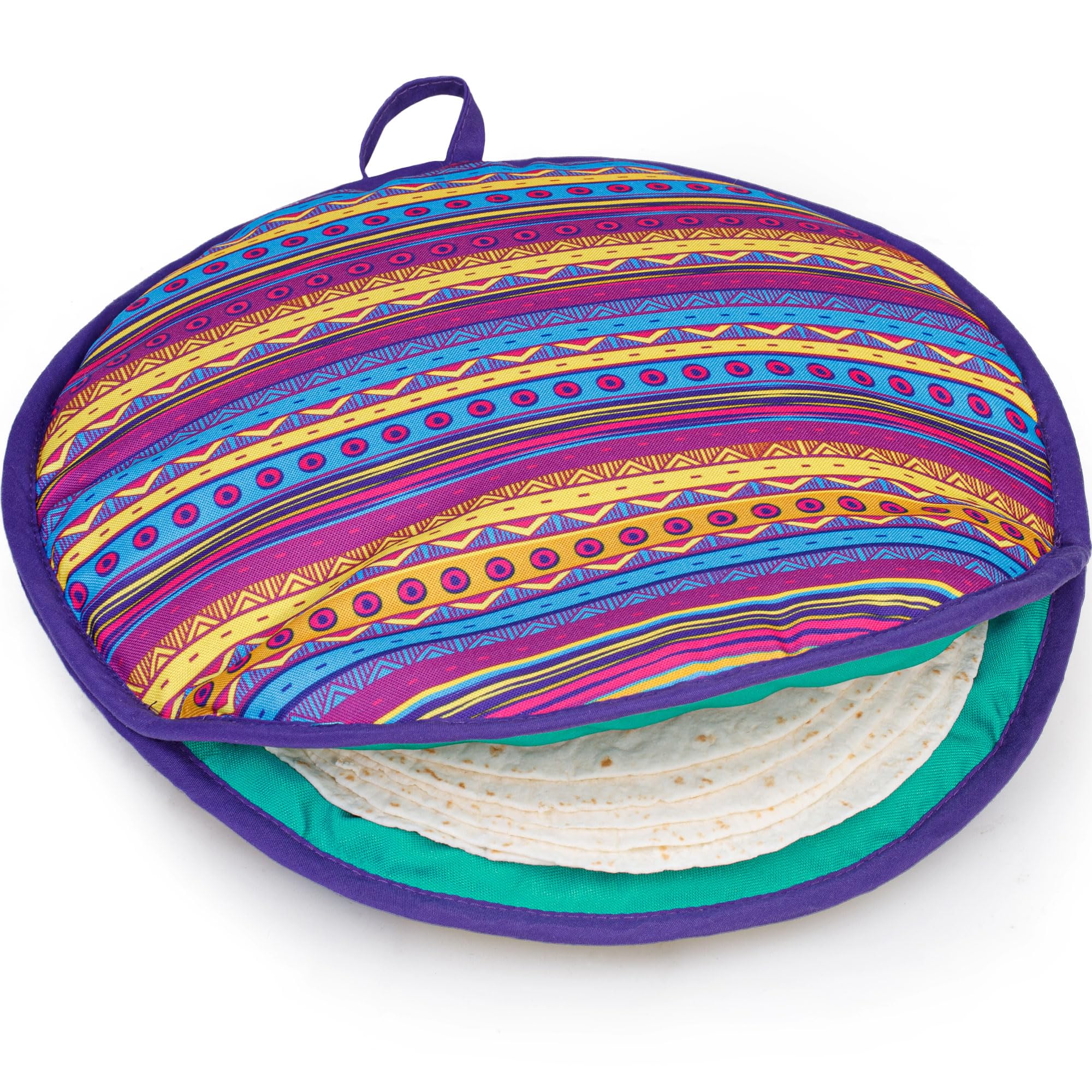PixiPy tortilla warmer pouch with multicolor 12-inch design keeps tortillas warm for tacos.